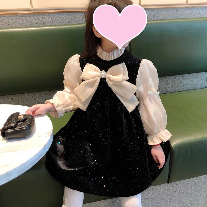 Girls Dress Spring and Autumn French Sle Black Princess Dress Outer Wear Sweet Princess Dress Bow ClothingXJ241206