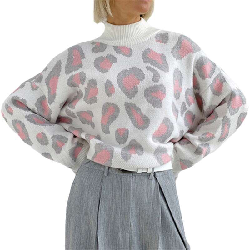 European American college style semi high neck leopard print pullover sweater autumn and winter long sleeved temperament wool top for women 2024 new c