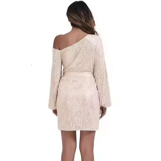 Spring European and American Women's Fashion Stand up Collar Solid Color Glitter Short Casual Versatile Dress 2024 New Style Elegant Clothing