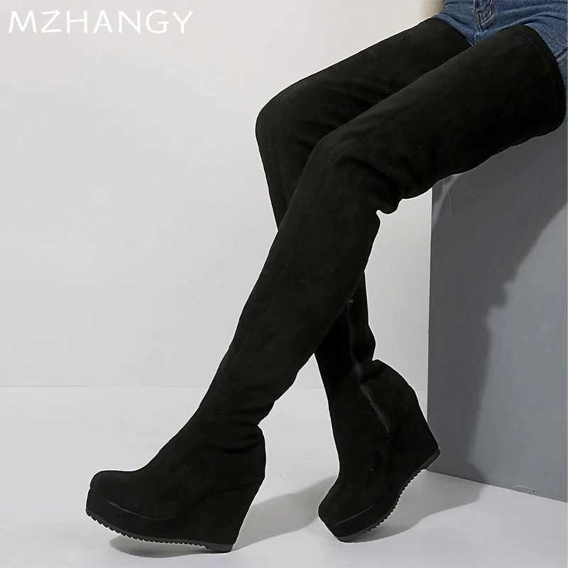High Quality Leopard Wedges Wen High Boots Suede Platform Sexy Over The Knee Shoes Designer Zip Boots Winter New Edition MUJI Botas T241206