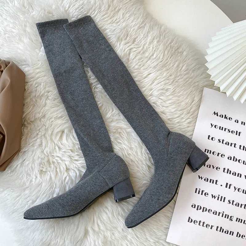High Quality Fi Thick High Boots Elastic Fabric Socks Boots Warm Point Toe High H Shoes Autumn Winter Sexy Over the Knee Boots T241206