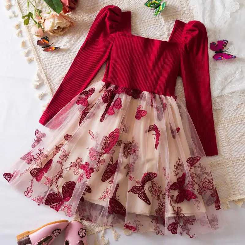 Autumn and Winter Girls New Butterfly Embroidered Mesh Long Sleeve Princess Dress Christmas Birthday Par Red DressXJ241206