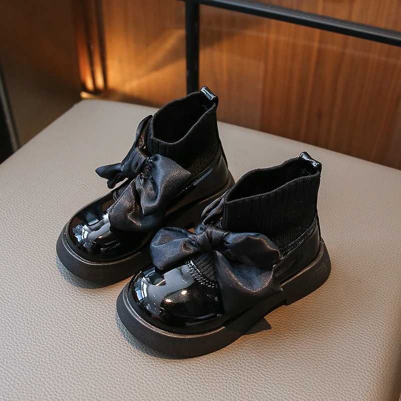 Girls Sock Boots Kids Ankle Boots Non-slip Fashion Bow Elegant Glossy UK Uniform Child School Shoes Casual Boots PrincessXJ241206