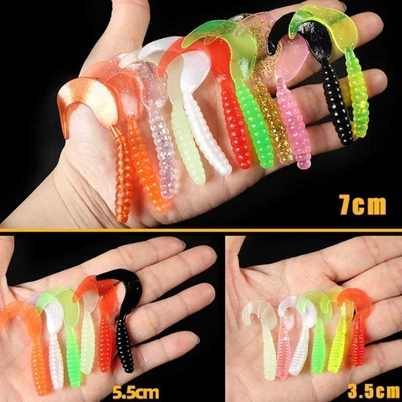 10pc Jigging Soft Silicone Fishing Lures 35mm 55mm Shrimp Fishy Smell Wobbrs Spiral Tail Artificial Swimbaits Shad SoupXJ241128