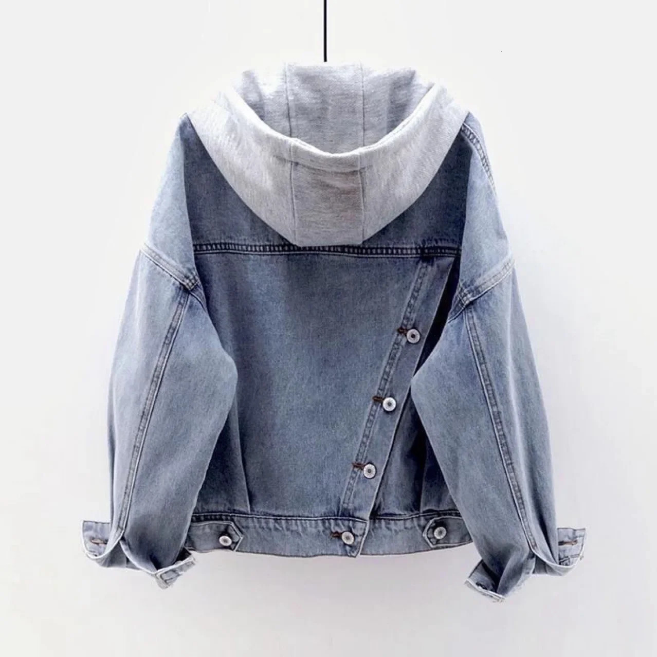 Spring and Autumn Long sleeved Hooded Womens Denim Jacket Korean Large Pocket Jeans 241206