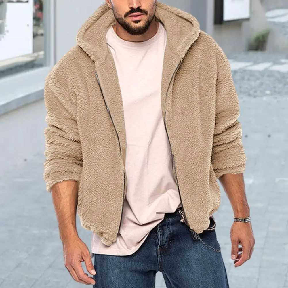 Men Thick Fleece Jacket Mens Trendy Fluffy Hooded Coat with Thickened Fleece Zipper Closure Long Sleeves for Winter for AutumnXJ241206