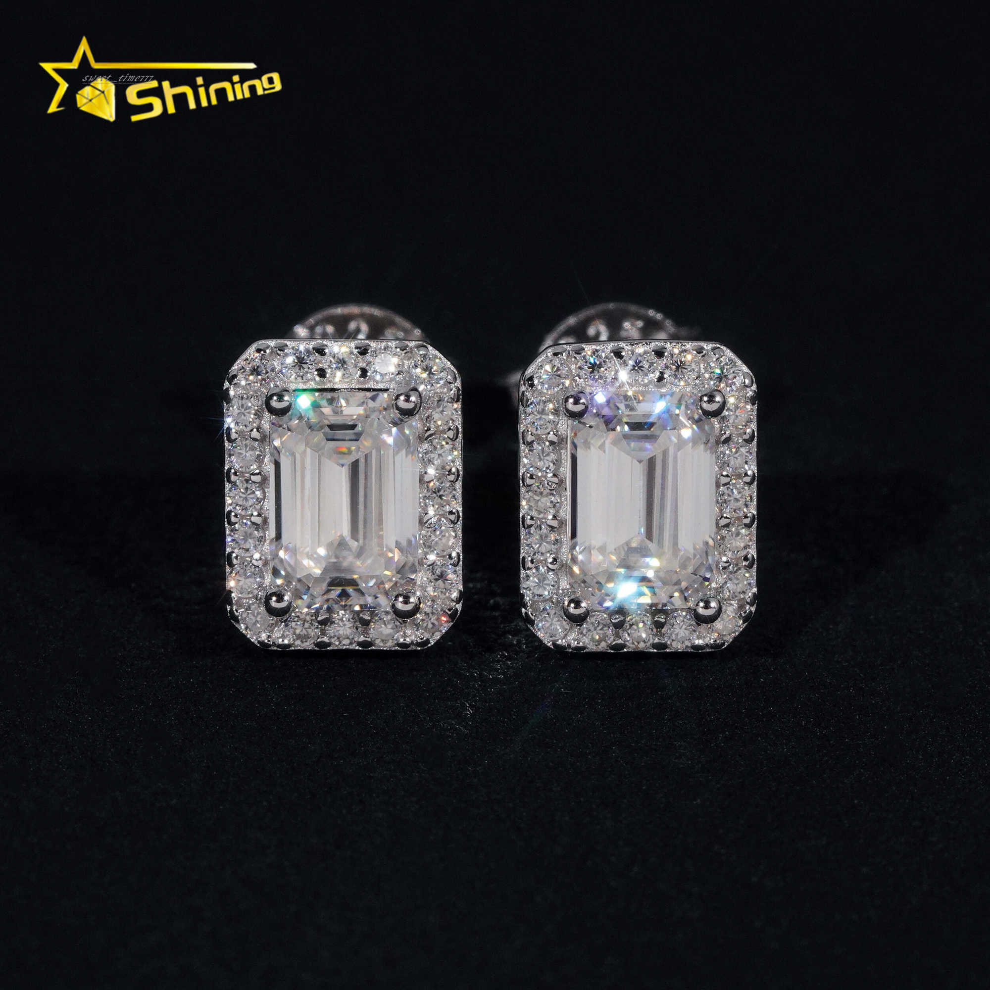 Emerald Cut Halo Earring Hip Hop Jewelry Iced Out VVS Diamond Moissanite White Gold Plated 925 Sterling Silver Stud Earrings