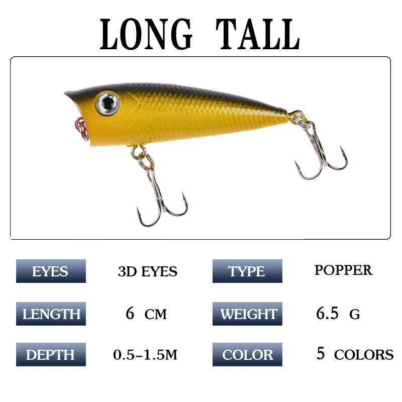 1pc Popper Fishing Lure 6cm/6.5g Hard Bait Artificial Topwater Bass Trout Pike Wobbr Fishing Tack with 2 Treb HooksXJ241128