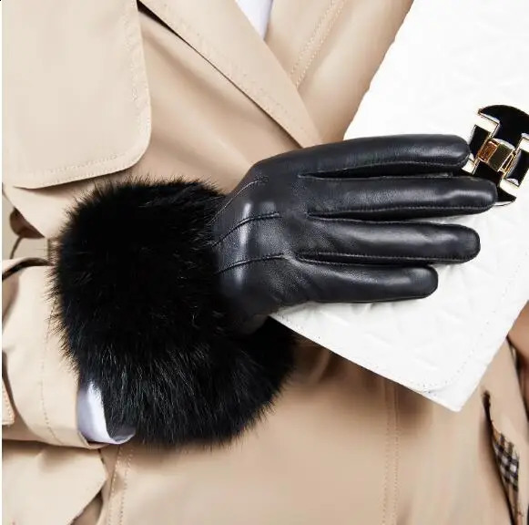 Leather gloves for womens winter cashmere touch screen leather gloves for womens real rabbit fur rabbit hair gloves HP513-02 241206