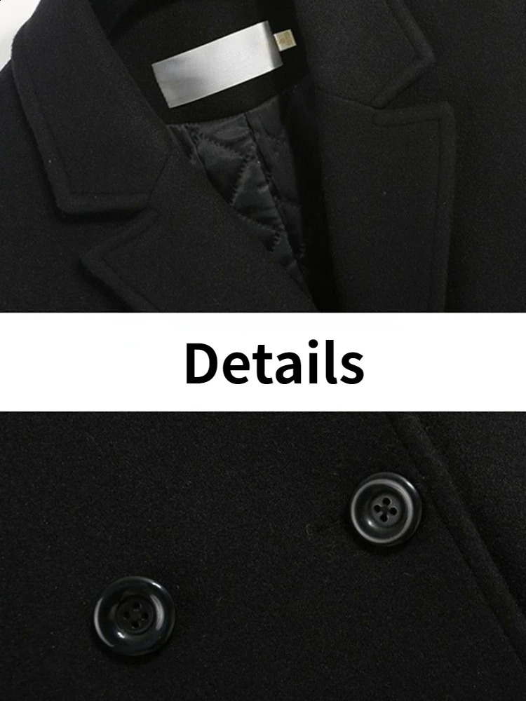 Women Blends Wool Coats Winter Black Xlong Minimalist Notched Double Breasted Thicken Elegant Temper Office Ladies British Ins 241205