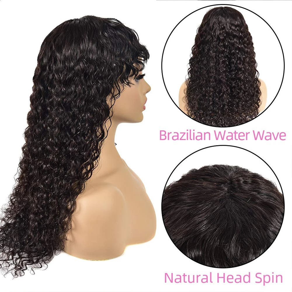 Long 30 32 water wave wig with bangs human hair wig 100% curly human hair wig wig with bangs 180 density machine made wig 241206