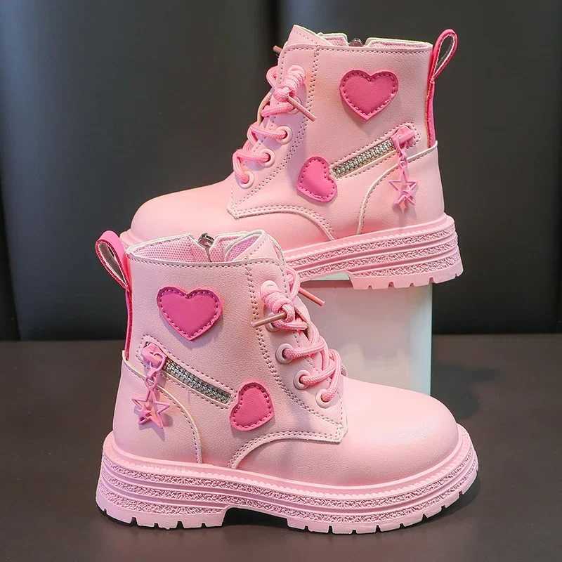 New Girls Boots Kids Fashion Rubber Boots Cool Girls 2024 Autumn Winter Cotton Soft Sole Pink with Love Side Zip Princess ShoesXJ241206