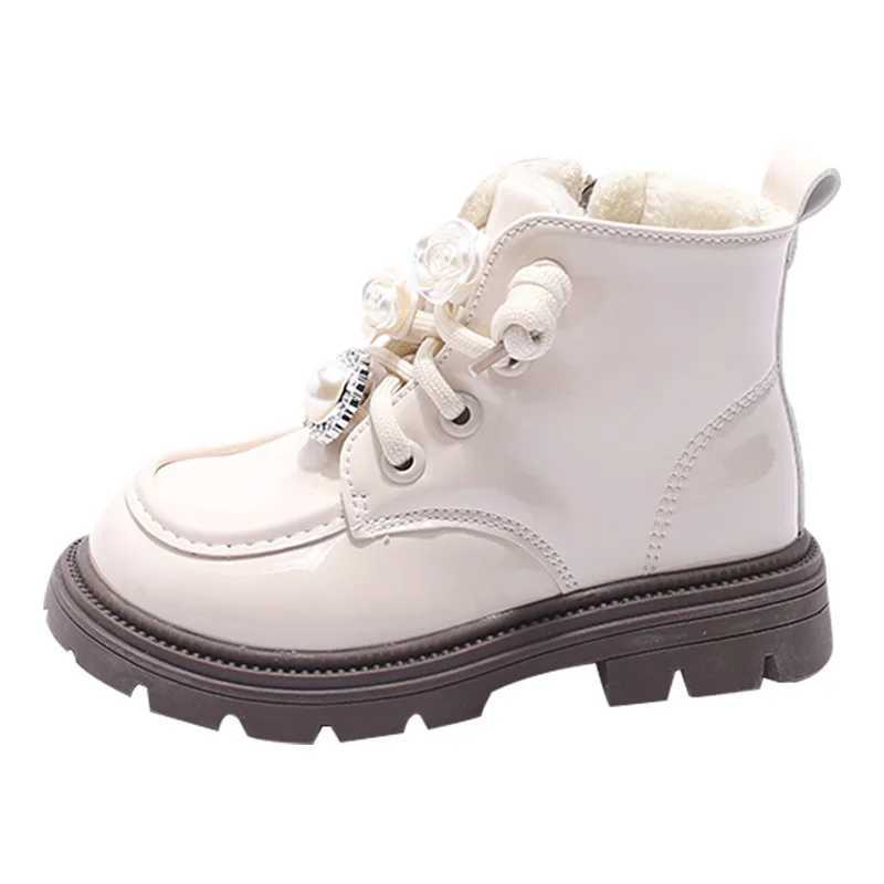 Botas Nia Kids Fashion Ankle Boots Winter Warm Plus Cotton Girls Boots Pearl Rhinestone Princess Botas Soft Sole Children ShoesXJ241206