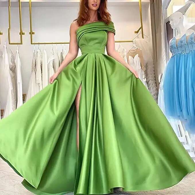 Single shoulder satin dress, evening gown, birthday party, fluffy skirt, green high slit sexy jumpsuit, 2024 versatile new trendy clothing ins
