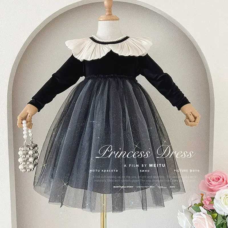 1-7T Spring Autumn Girl Long Sleeve Casual Dress Korean Sle Velvet Splicing Doll Collar Kids Princess Mesh Par DressesXJ241206