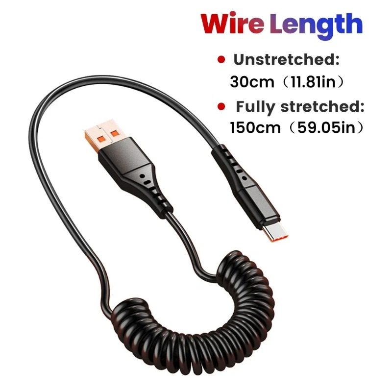 120W Car Spring Cable USB Type C Fast Charging Micro USB Cable For iPhone 16 15 Samsung Xiaomi Huawei Quick Charger 3.0
