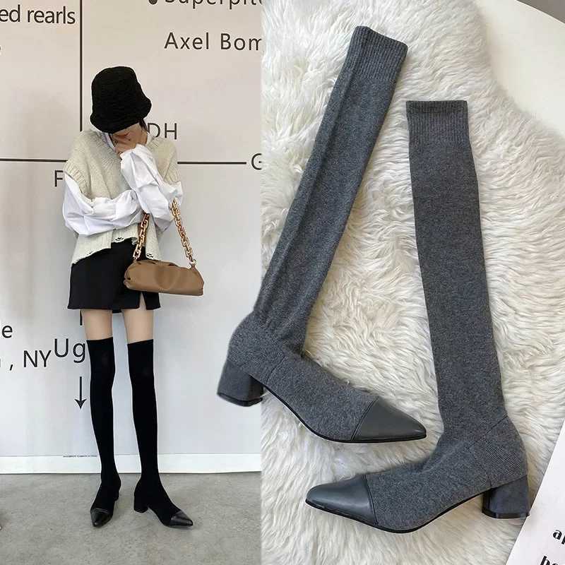 High Quality Warm Knee High Socks Boots High H Black Velvet Wedge H Wanjie Boots Winter Thick Ultra Thin Botas Unprinted Good Product T241206