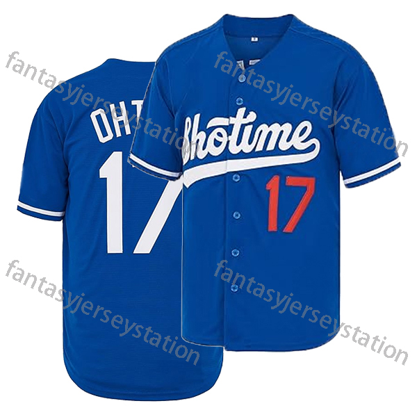 #17 Blue Men's Shohei Relaxed Ohtani 42 Robinson Fit Embroidered V-Neck Button Up Short Sleeve Shirt, Summer Baseball Jersey for Party In Stock S