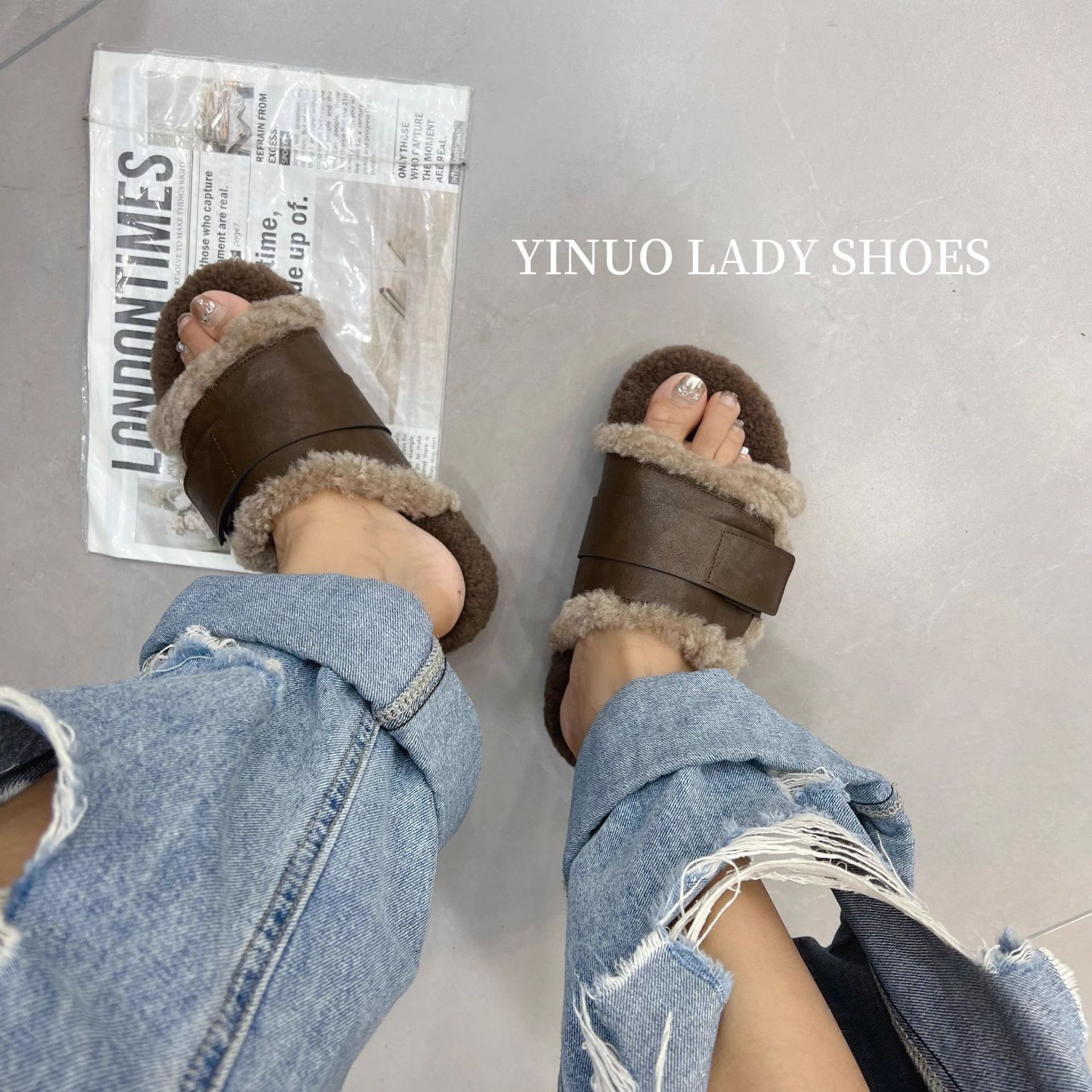 2025 Free Shipping Warm Thicken Wool Birkn Slippers Women Winter Fur Flat Mules Shoes Woman Brand Outdoor Slides black