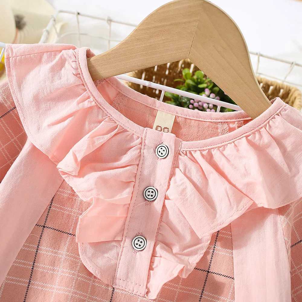 Girls Dress Spring and Autumn Childrens Fashion Ruffle Edge Round Neck Plaid Long sleeved Girls Dress TrendXJ241206