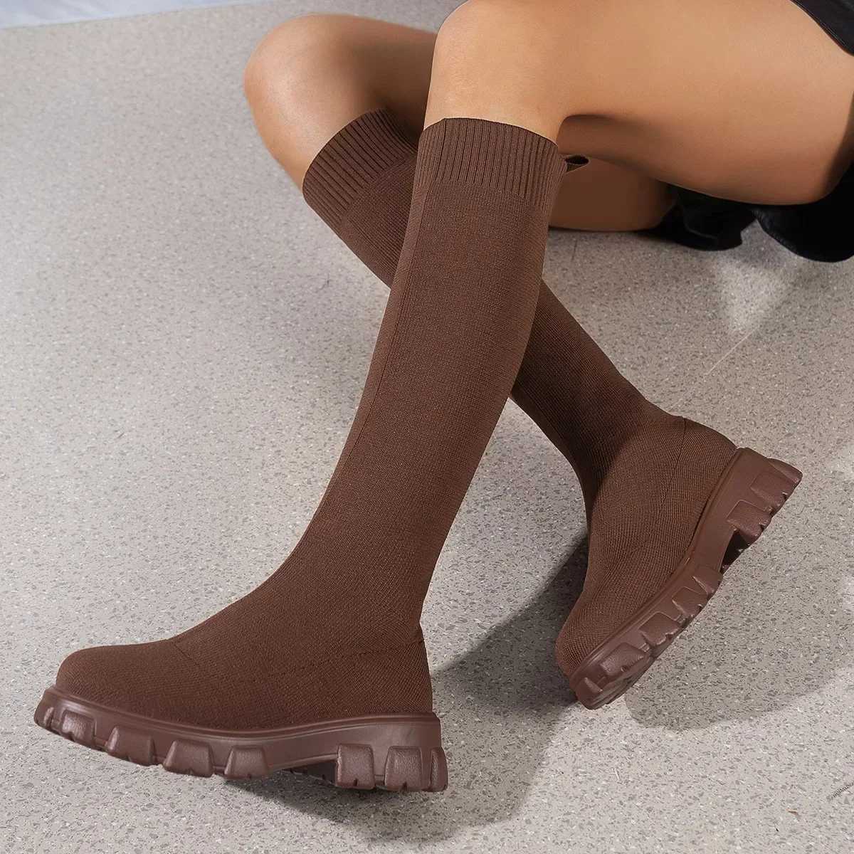 High Quality Thick soled knitted Lg boots suitable for Wenfei elastic socks shoes knee boots round toes low H Botas De Mujer T241206