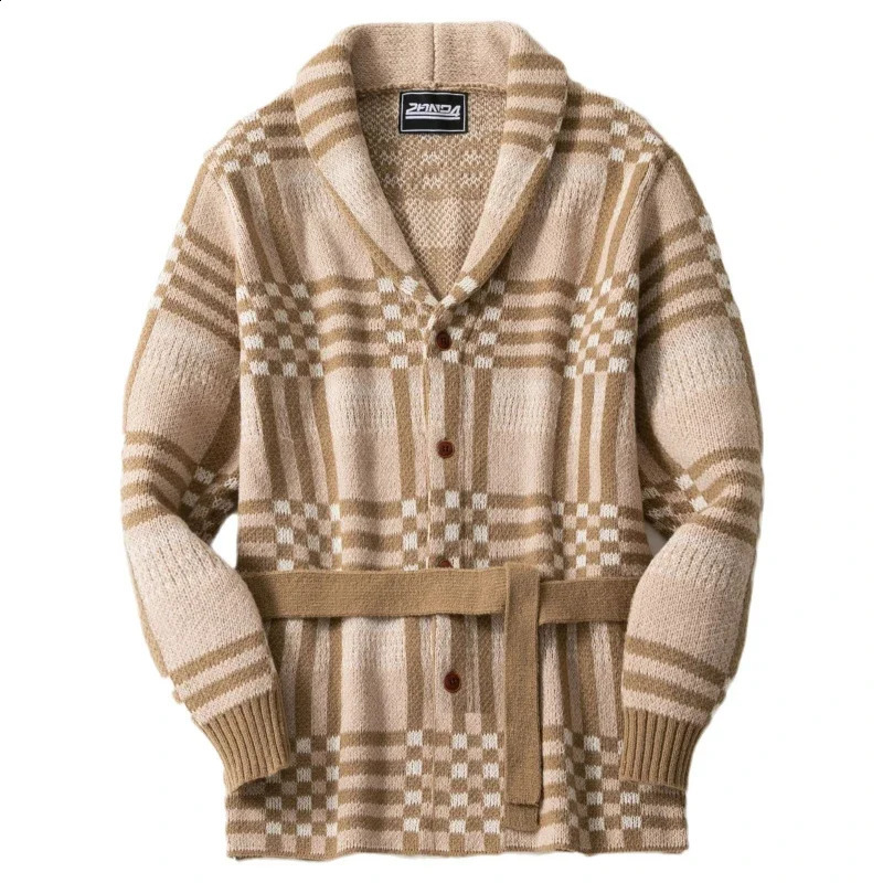 Mens mid length cardigan sweater jacket with lapel single chest lace waistband knitted thick jacket for autumn and winter 241205