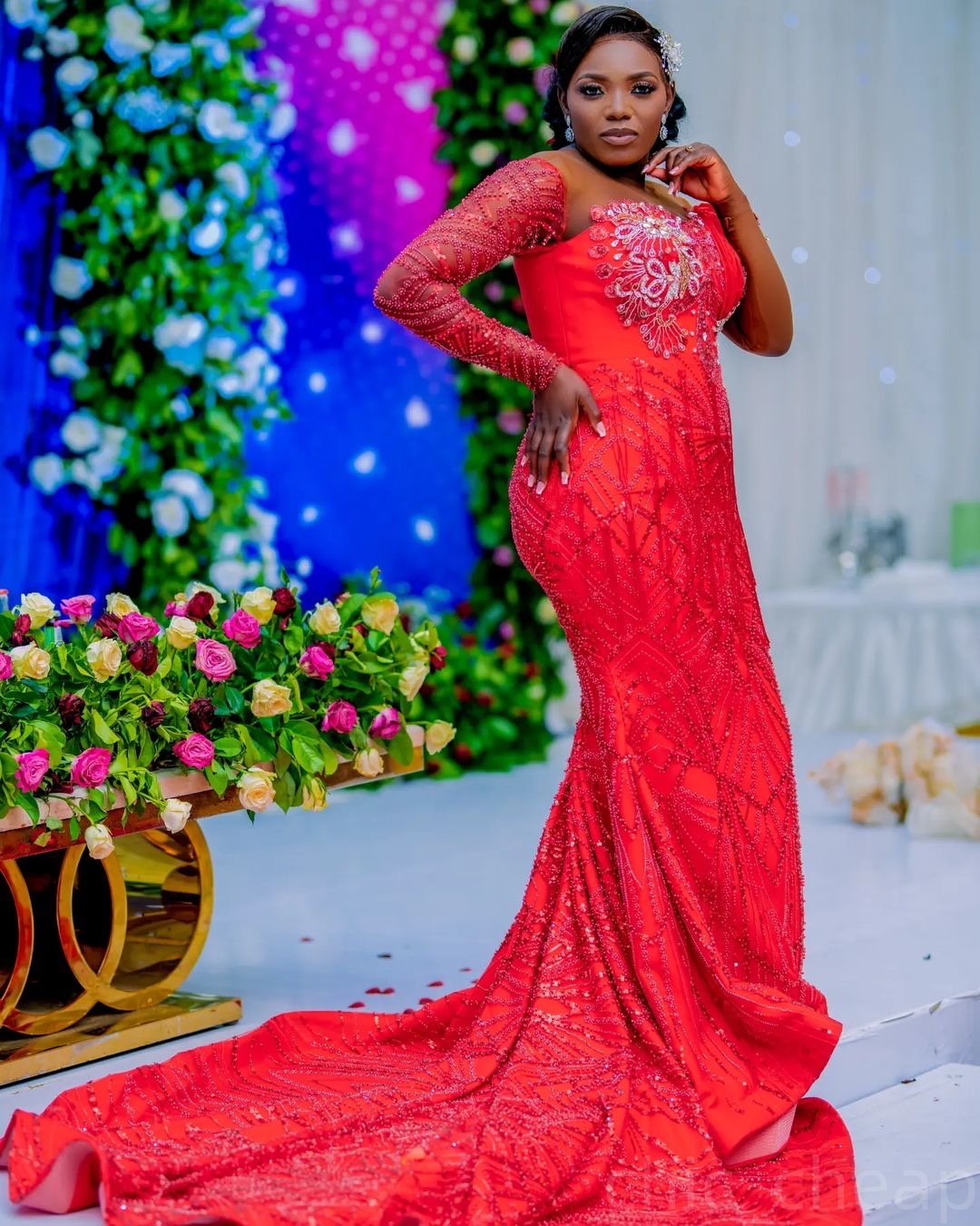 Red Mermaid Prom Dresses 2025 Lace Beaded Full Sleeves Sheer Neck Evening Formal Party Second Birthday Engagement Gowns Plus Size Dress For Special Oc