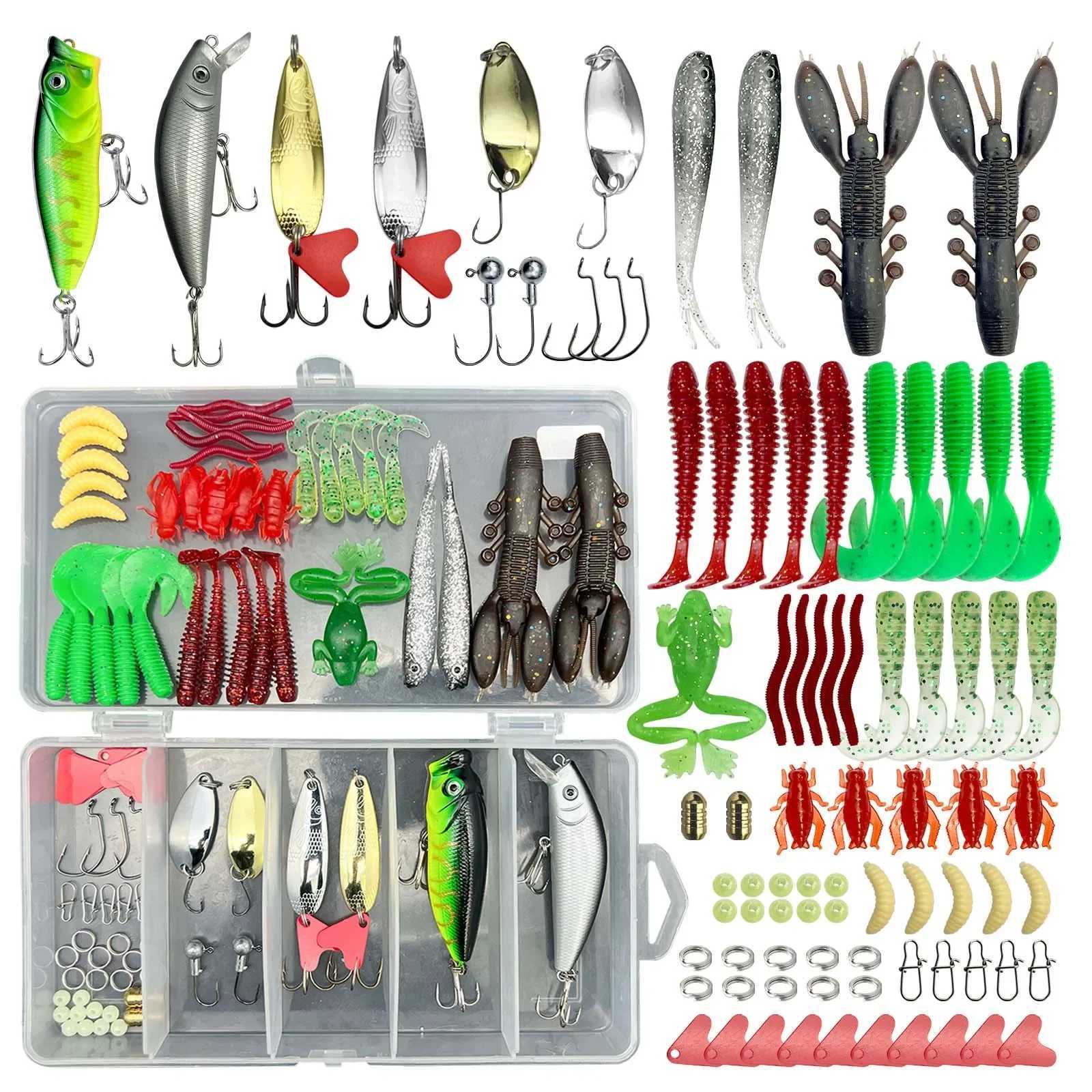 84/107pcs Fishing Lure Kit Soft and Hard Bait Set Gear Layer Metal Jig Spoon For Bass Pike Crank Tack Accories with BoxXJ241128