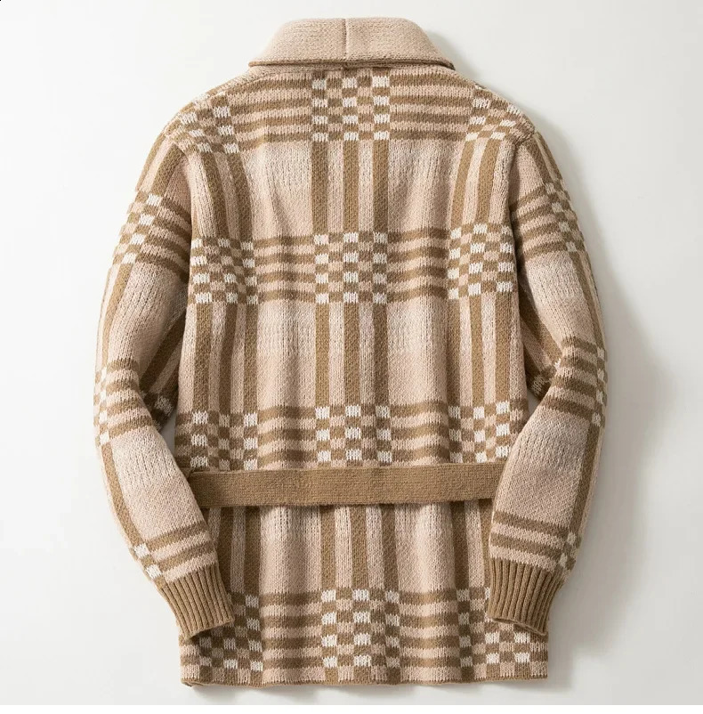 Mens mid length cardigan sweater jacket with lapel single chest lace waistband knitted thick jacket for autumn and winter 241205