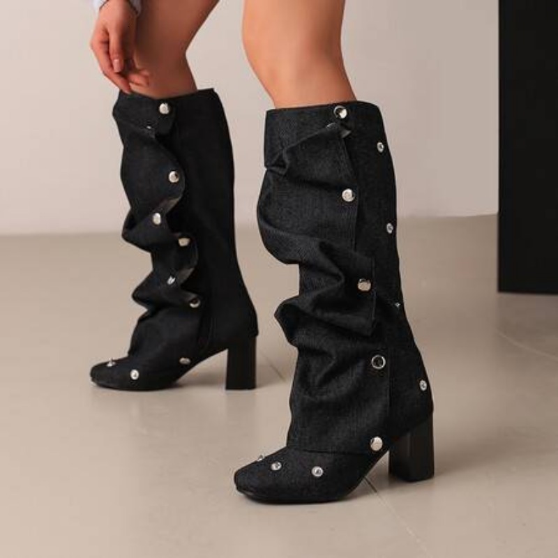 2024 Denim Square Toe Detachable Rivets 7Cm Thick Heel And Knee Length Winter Side Zipper Brown Trendy Boots 35-45