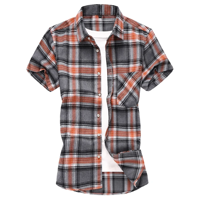 Fashion Striped Plaid Short-sleeved Shirt Men's Single-breasted Square Collar Cotton Shirts Summer Casual Camisa Men Chemise 7XL