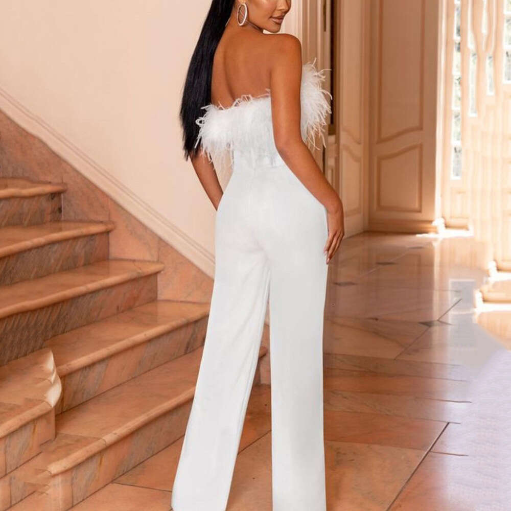 Spring/Summer European and American Women's Feather strapless Solid Color Pants One Shoulder Bareback Sexy jumpsuit 2024 Versatile New Trendy Clo