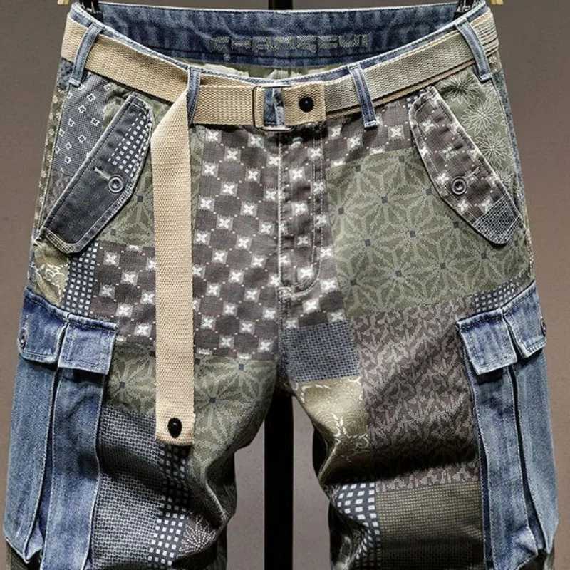 Graphic Man Denim Shorts Multi Color Short Jeans Pants for Men Cargo Bermuda with Text Stretch Jorts Thin Blue Korean Fashion XlXJ241206