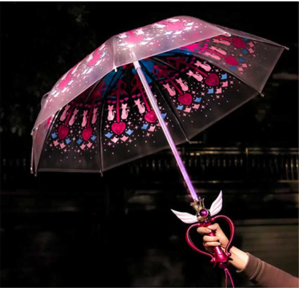 New Arrival Luminous Umbrella Sailor Moon Magic Wand Umbrella Transparent Sailor Moon Paraguay Umbrella with LED Light Suitable for Warm Girls and Chi