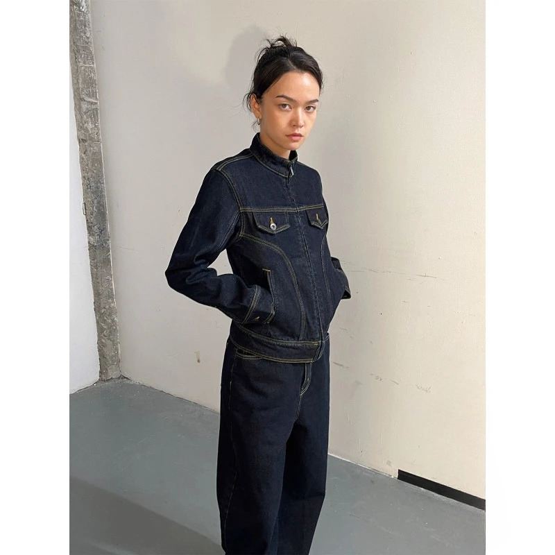 Denim pants set stand up collar solid street jacket wide leg straight gothic jeans retro simple twopiecesingle 241206