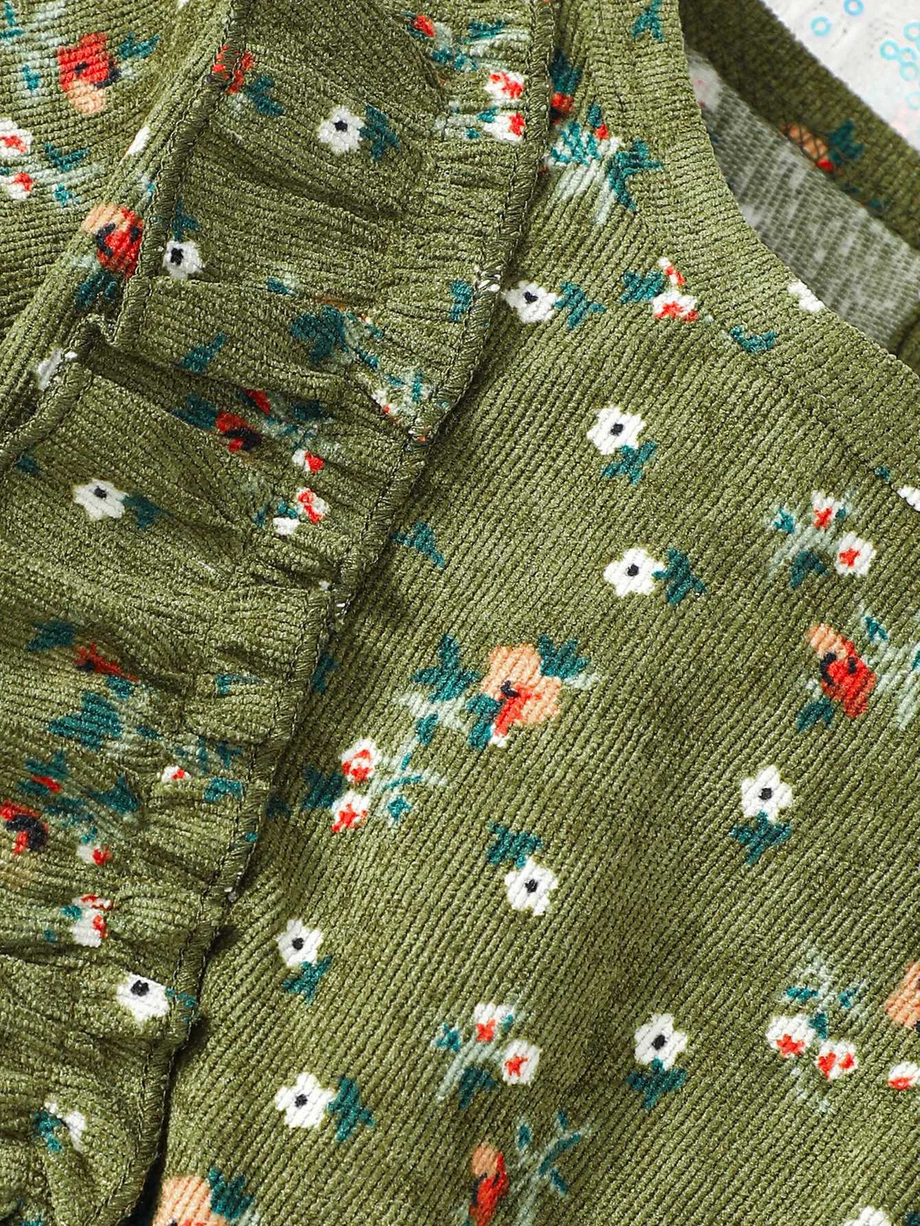 Kid Toddler Girls Dress Floral Print Button Front Ruffle Long Sleeve Corduroy Dress One Piece Casual Dress For Fall GreenXJ241206