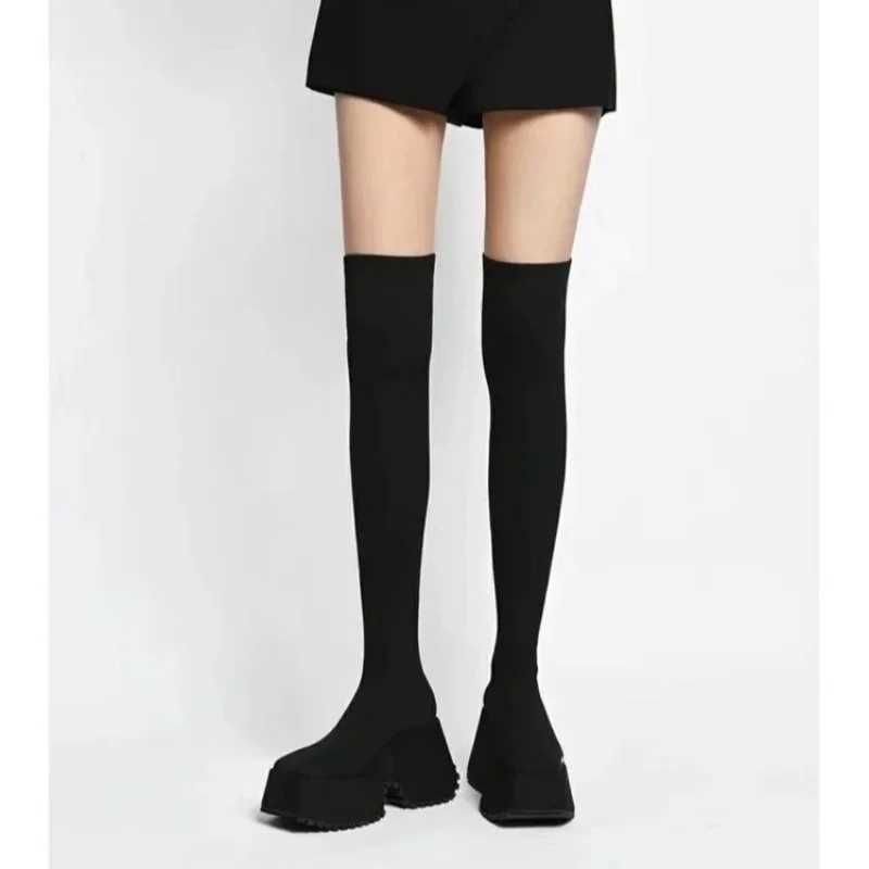 High Quality Warm Smooth New Brand Shoes Fi Solid Party Boots Warm Round Toe Super Knee Long Socks T241206
