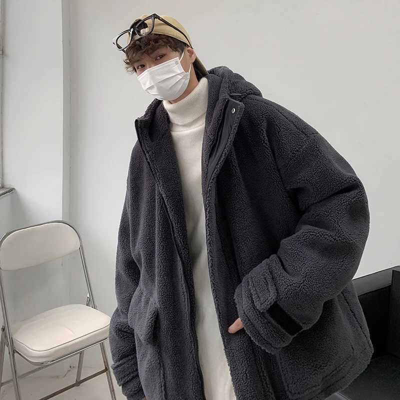 2023 Men Winter Lamb Wool Jacket Men Plus Velvet Streetwear Fashion Loose Handsome Coat Unisex HipHop Hooded Plush Padded JacketXJ241206