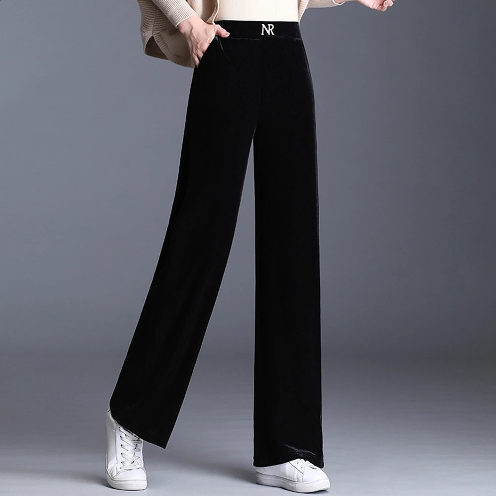 Korean high waisted elastic waist womens Haaland pants spring/summer gold velvet wide leg pants Versatile casual pants 241202