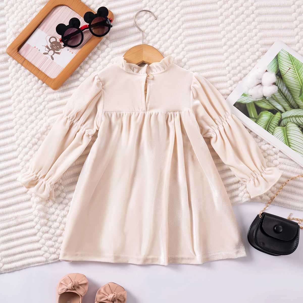 2024 Autumn Winter Childrens Long-sleeved Velour Dress Elegant Sweet Solid Colour Knee-length Dress for Toddler GirlsXJ241206