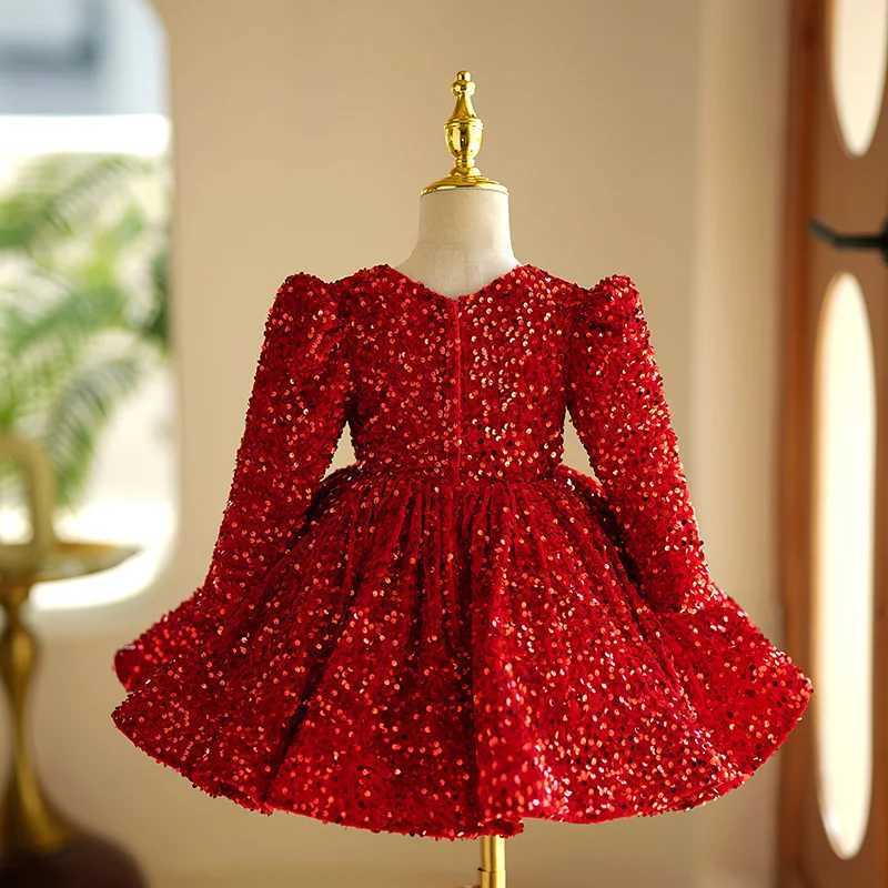 Long Sleeve Fashion Red Princess Ball Gown For Girls Sequins Bow Design Birthday Par Wedding Dress g170XJ241206