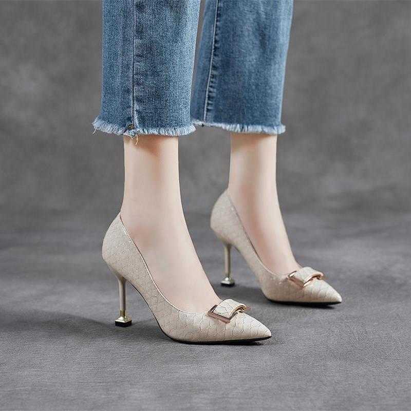 Heart Orchid Snake Pattern Buckle Thin Heel Solid Color Sexy High Heels Womens Daily Commuting Work Shoes Plus Large Size Fat Feet