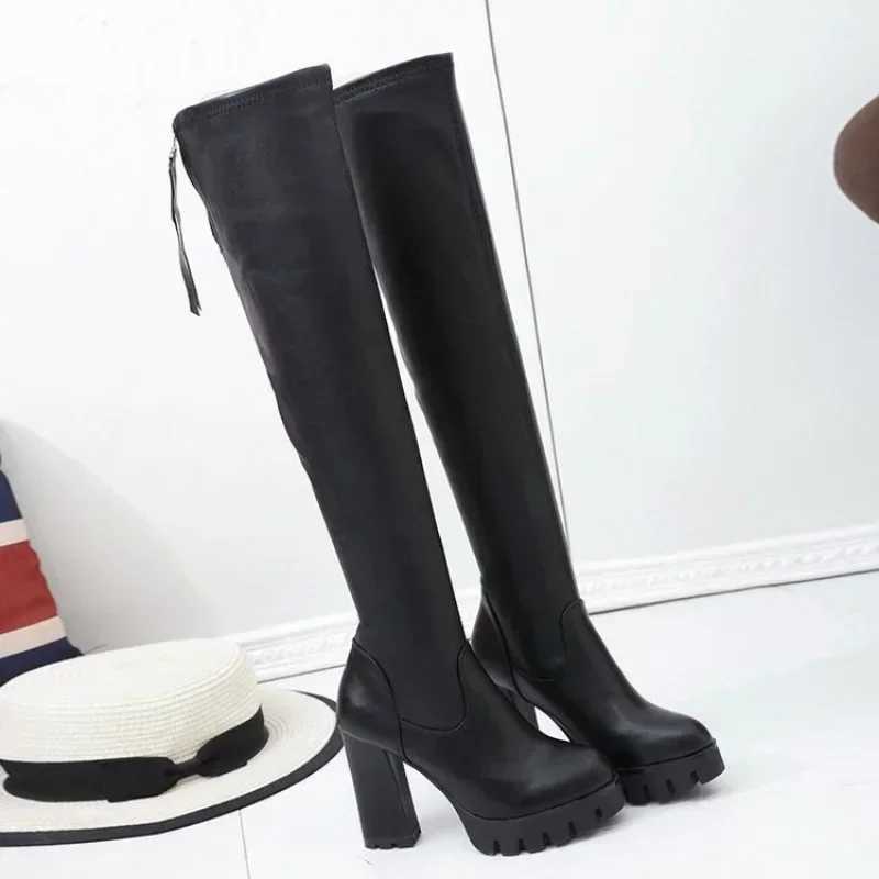 High Quality Mao Dou High Heel Platform Thick Boots Warm Womens Shoes Autumn Warm Leather Lg Boots on Knees T241206
