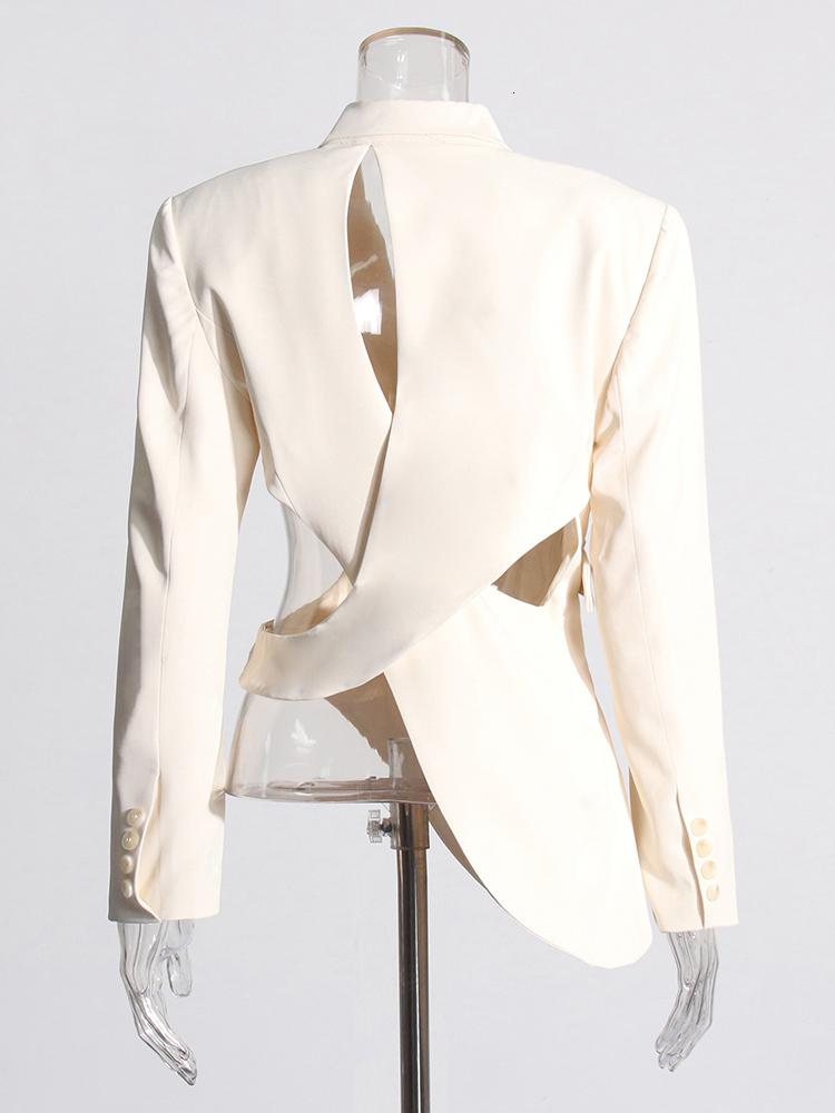 Hollow Out Backless Slimming Blazers For Women Notched Collar Long Sleeve Spliced Button Irregular Blazer Female