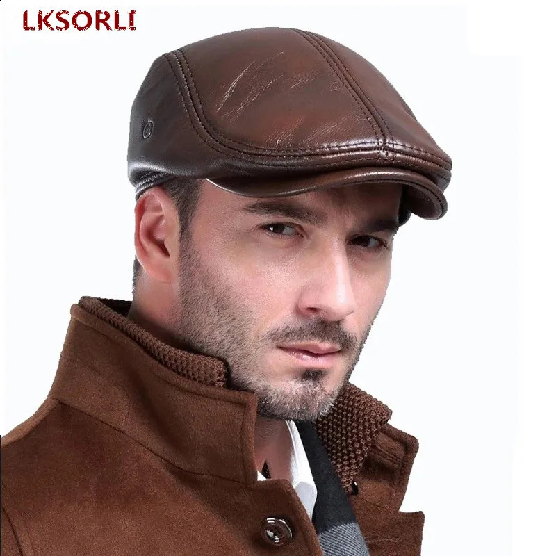 Mens one layer denim leather hat winter beret mens warm ear protection hat 100% genuine leather dad hat wholesale casual 241204