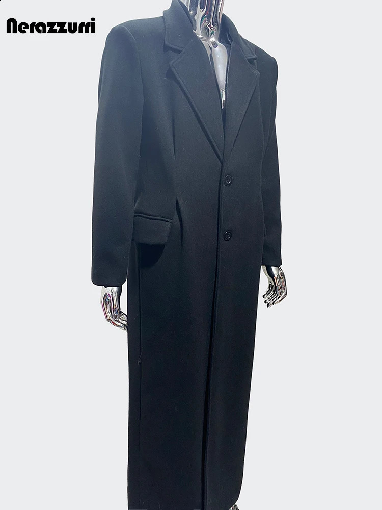 Nerazzurri Autumn Winter Long Elegant Black Soft Warm Woolen Coat for Men Single Breasted Wool blends Overcoat 251015