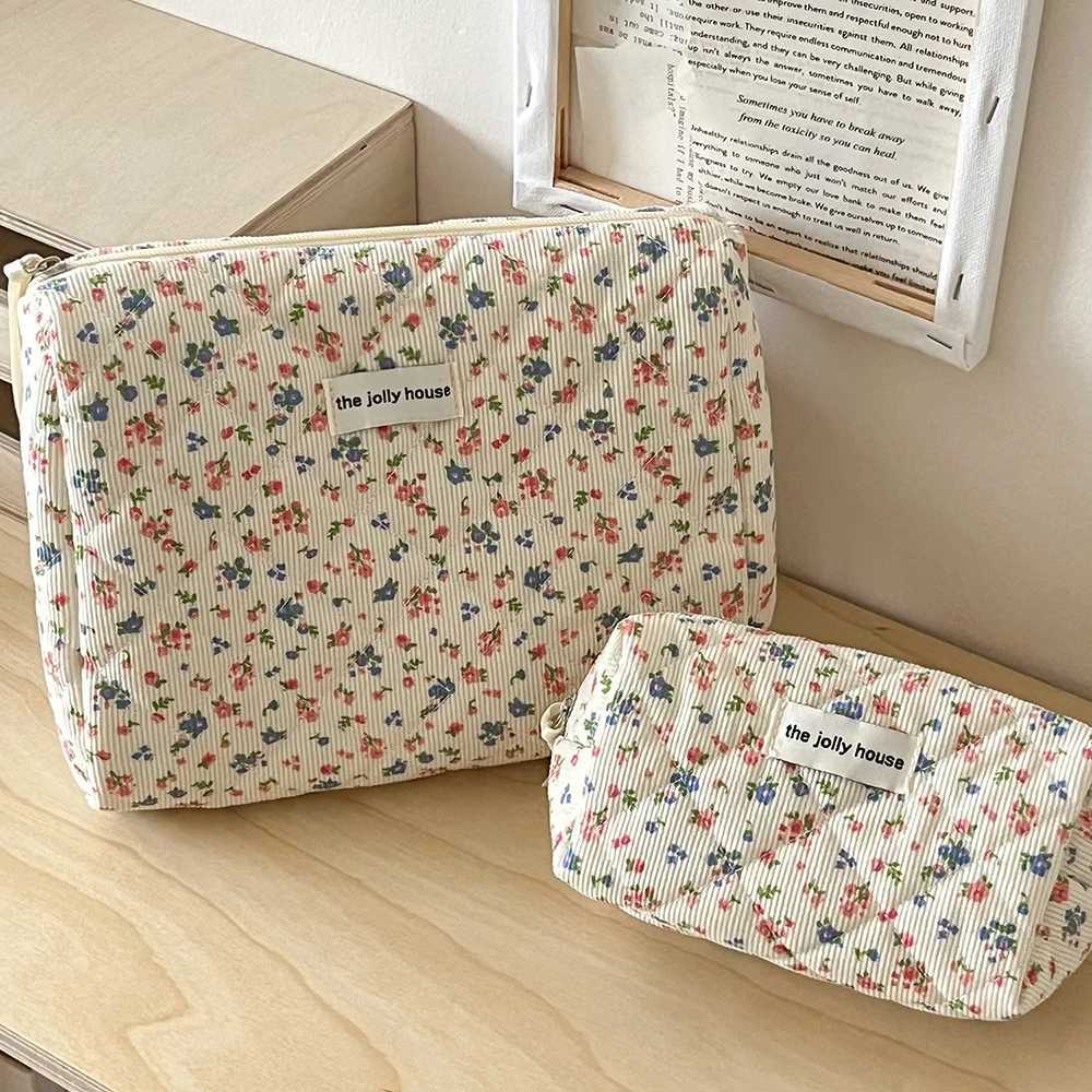 Fi Vintage Flower Women Makeup Bag Cott Tote Portable Female Cosmetic Storage Handbag Travel Organizer Zipper Quilted BagXJ241206