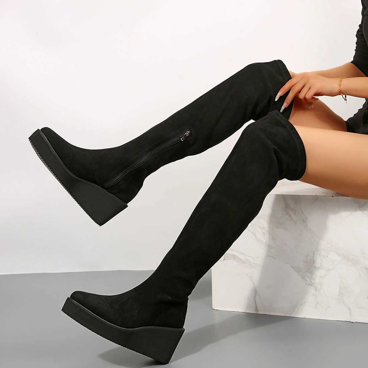 High Quality Thigh High Boots Wen Shoes Sexy Autumn Winter Black Wedge Heeled Over the Knee Boots Fetish Party Shoes Women Lg Boots T241206