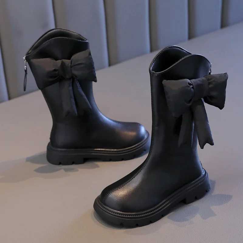 New Winter Girls Princess Cotton Boots Elegant Bowknot Children Causal Boots Fashion Black Versatile Kids Simple Mid-calf BootsXJ241206