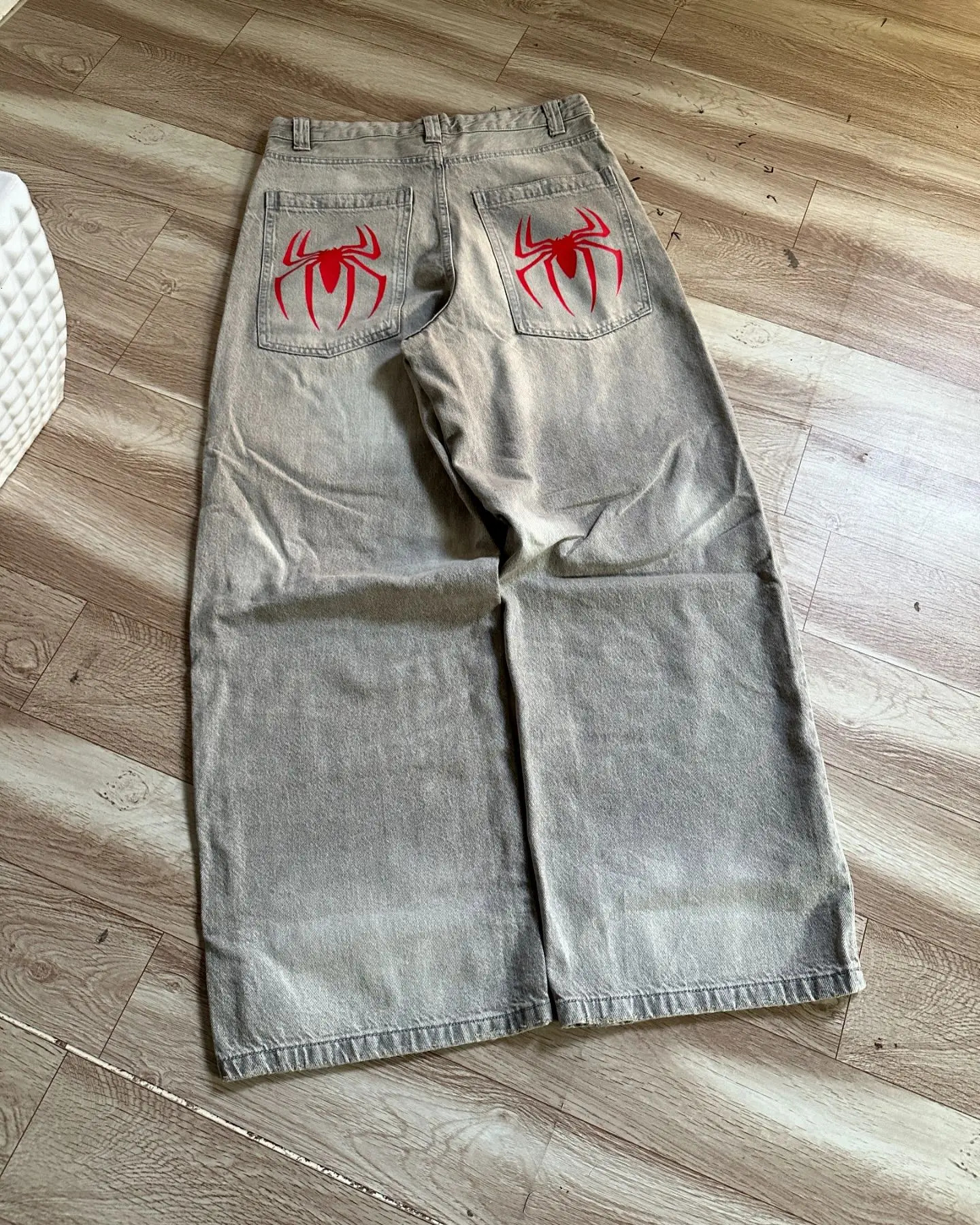 Harajuku Gothic Punk Spider Print Baggy Jeans Vintage Blue Hip Hop Streetwear Jeans Y2K Pants Mens High Waist Wide Leg Trousers 241206